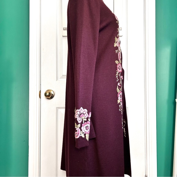 Long Maroon Wool Blend Cardigan with Embroidered Flowers at trim Small - Picture 3 of 11
